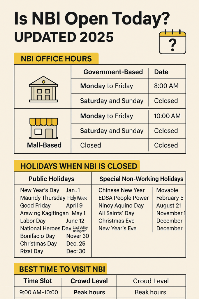 NBI Office hours and Holiday Schedule