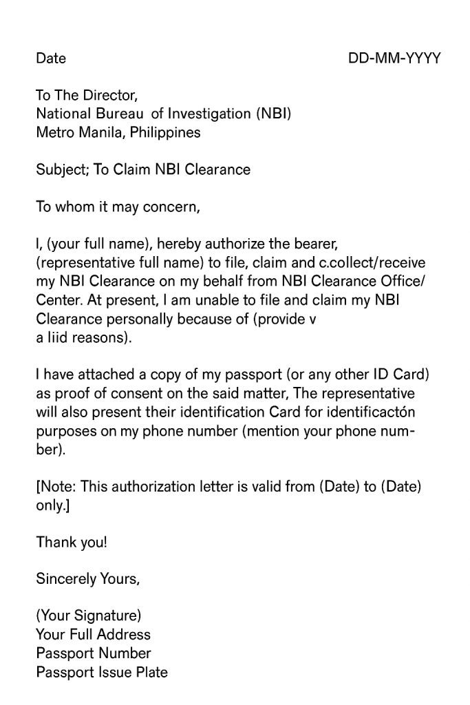 Authorization letter sample for NBI Clearance